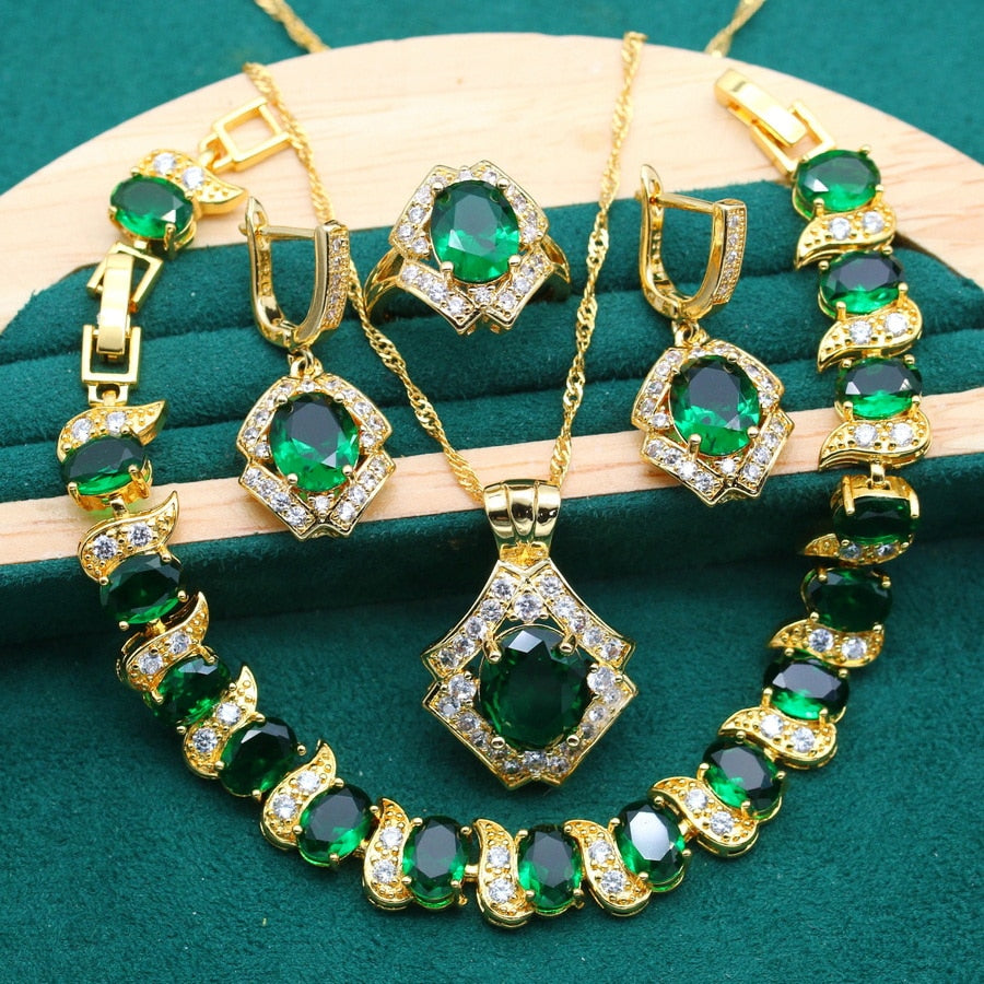 Conjunto Completo Banhado em Ouro 18K - Gotas de Esmeralda